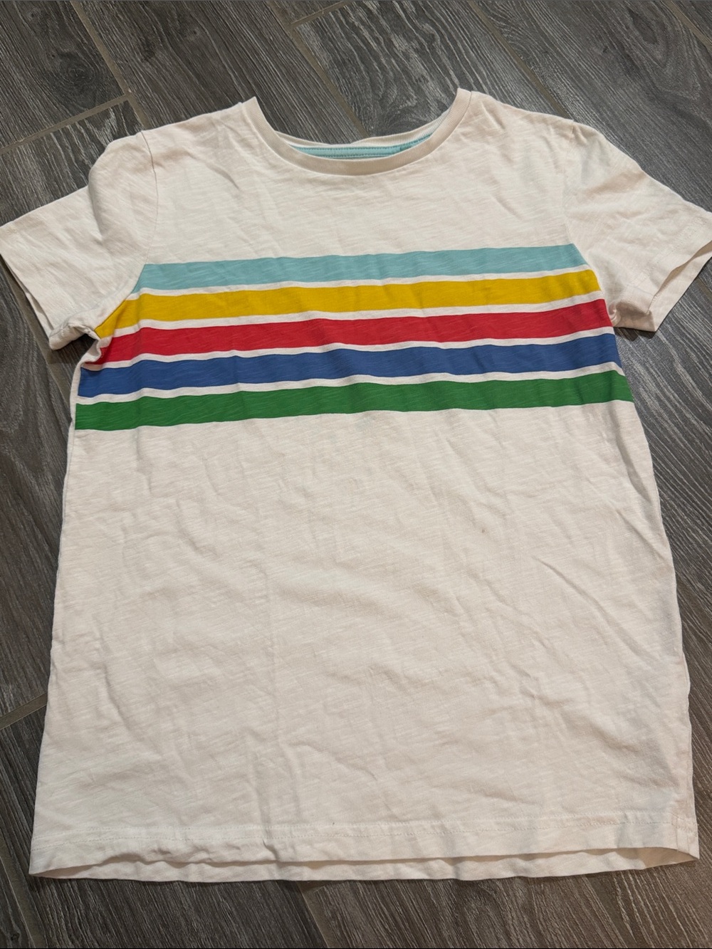 Mini Boden classic Short Sleeve Crewneck Tee with multi colored stripes 11 12
